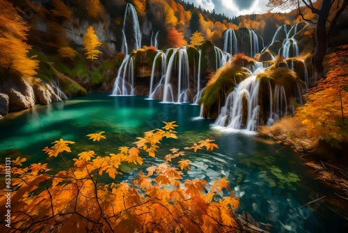 Amidst the golden hues of fall  capture the cascading rush of a serene waterfall  its waters adorned with crisp  amber leaves  painting a picturesque autumnal scene.