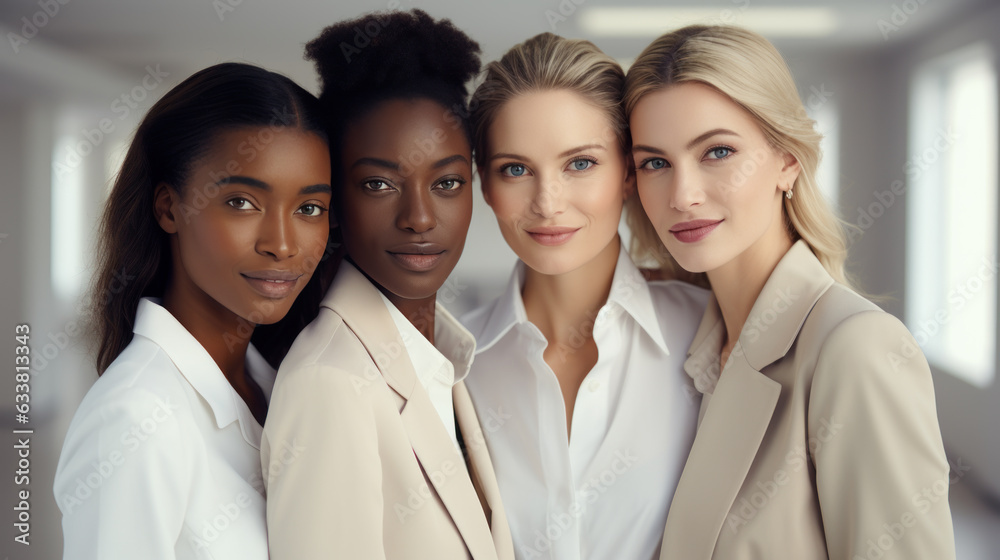 Fototapeta premium Beauty. Multi Ethnic Group of Womans with diffrent types of skin together and looking on camera. Generative AI