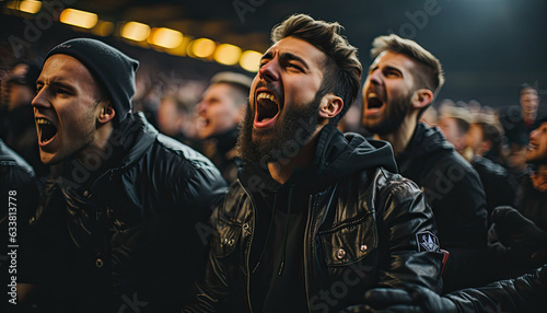 facial expression while cheering on important football matches in a large and famous football stadium.