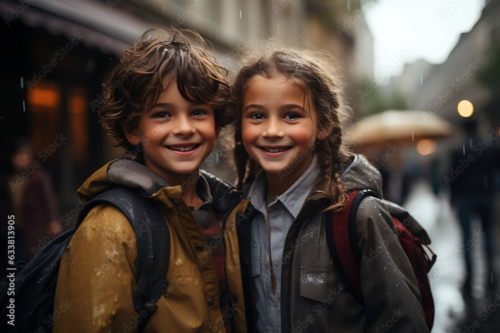 portrait of a girl and boy in autumn, Very happy kids waiting at the school entrance in the rain. portrait of a girl and boy in autumn, Very happy kids waiting at the school entrance in the rain.