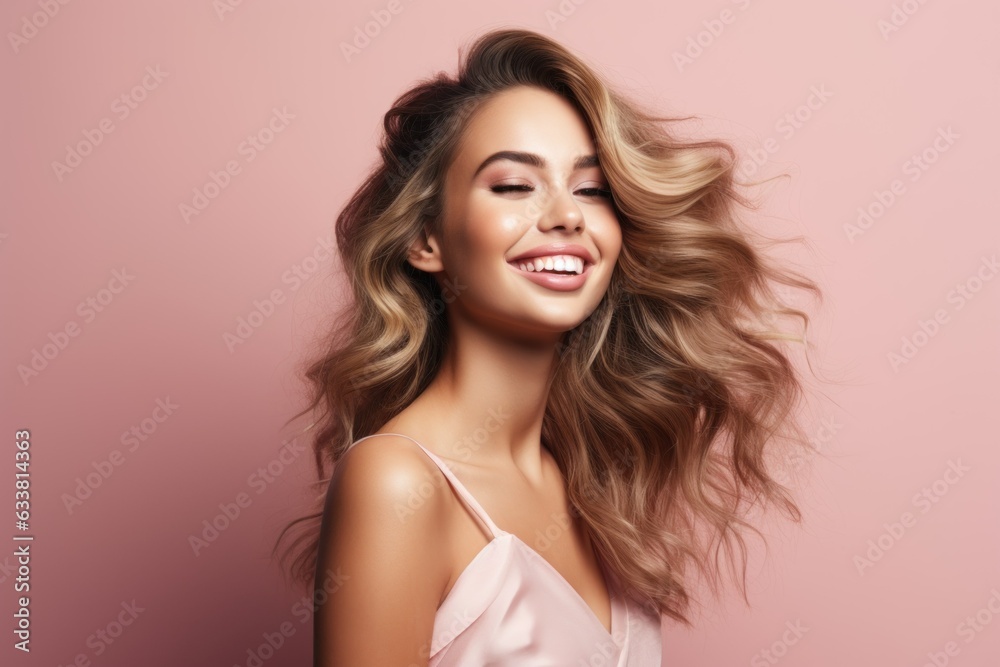 Portrait of a fictional beautiful woman model with beautiful hair. Isolated on a plain colored neutral background. Generative AI.