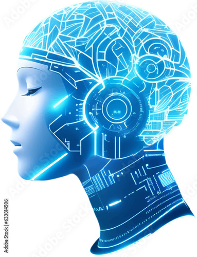 Robotics and AI  in Dark blue color,  Robot face and Brain create by electrical wire and line track.. Machine Learning Artificial intelligence,. Humanoid head. Future concept. Female android face