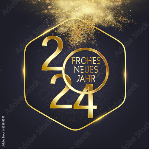 Karte oder Banner, um ein glückliches Jahr 2024 zu wünschen, in Gold in einem Kreis und einem goldfarbenen Sechseck auf schwarzem Hintergrund mit einer Wolke aus goldenem Glitzer darüber