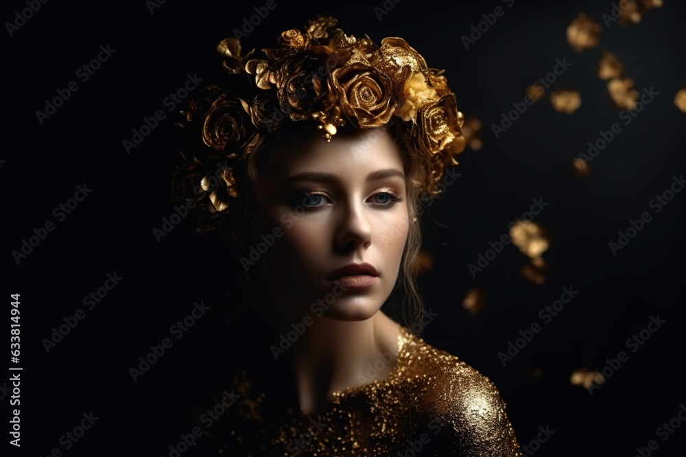 Beautiful girl model with a flower wreath on her head on a dark background. Pretty woman with flower hairstyle. Perfect makeup. Fashion beauty. art portrait. Generative AI