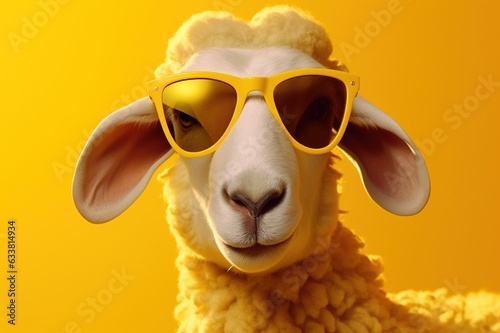 funny ram in sunglasses on a studio background. place for text. Generative AI