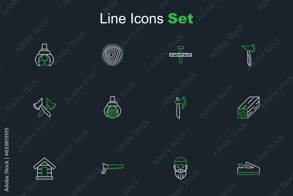 Set line Wood plane tool, Lumberjack, Hand saw, Dog house, Wooden beam, axe, Grapple crane grabbed log and icon. Vector Set line Wood plane tool, Lumberjack, Hand saw, Dog house, Wooden beam, axe, Grapple crane grabbed log and icon. Vector