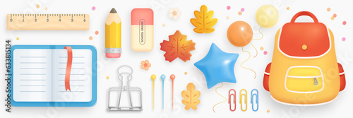 Colorful set with realistic cartoon school elements isolated on background. Back to school 3d object collection. Backpack, book, pencil, autumn leaves. Vector illustration