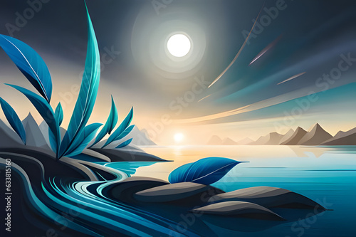 Sunset in the sea with blue leaves. Vector illustration for your design, abstract illustration, generative ai
