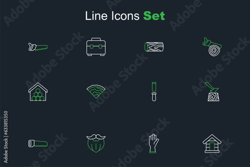 Set line Dog house, Protective gloves, Mustache and beard, Hand saw, Wooden axe in stump, Chisel tool, beam and logs icon. Vector