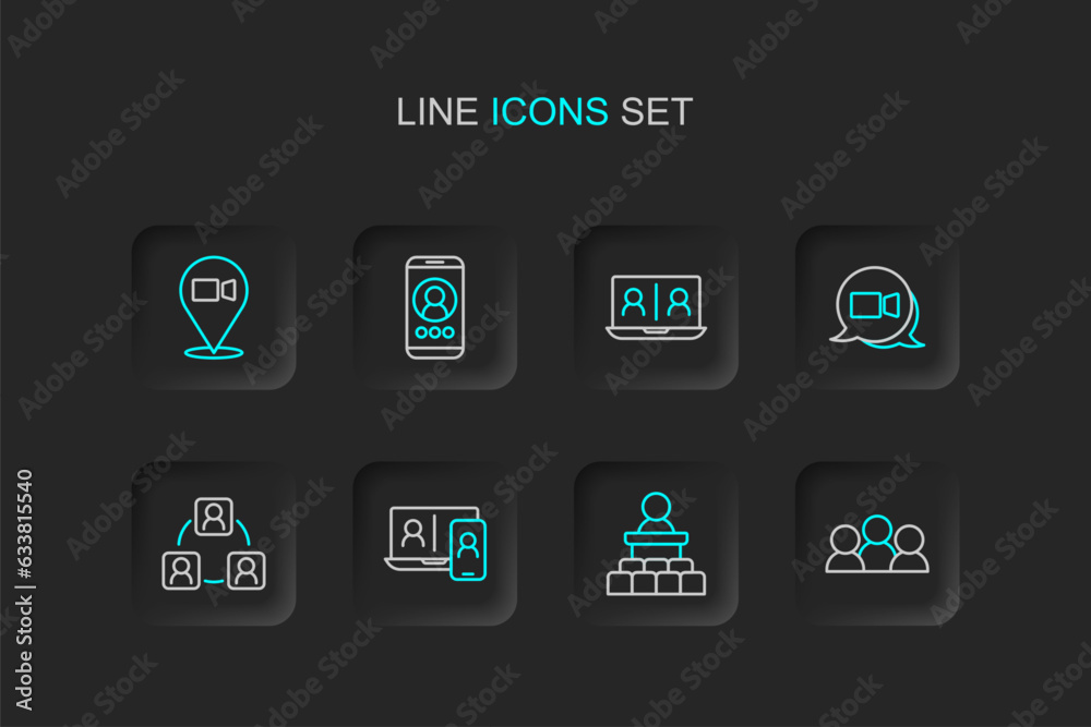 Set line Meeting, Speaker, Video chat conference, and icon. Vector