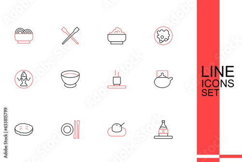Set line Bottle of sake, Mochi, Food chopsticks with plate, Homemade pie, Traditional tea ceremony, Cup, Soy sauce in bowl and Served fish icon. Vector