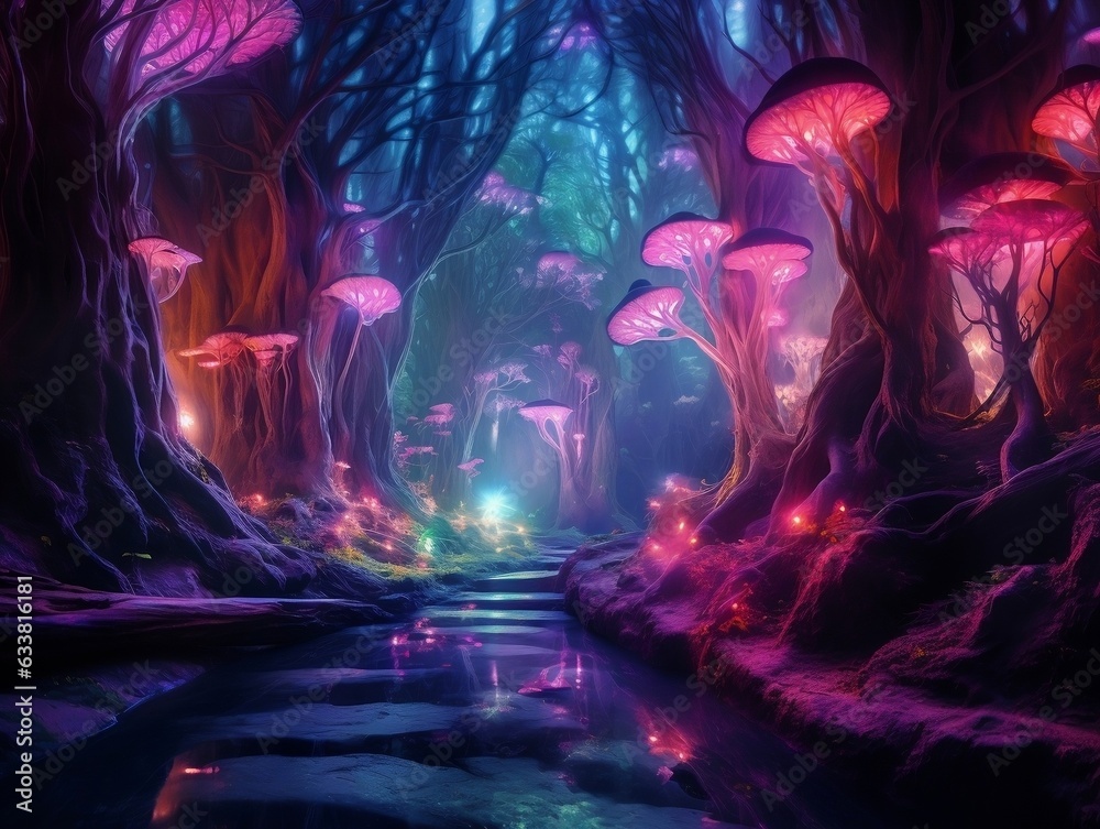 The fantasy of a neon forest glowing colorful like a fairytale generative ai - obrazy, fototapety, plakaty 