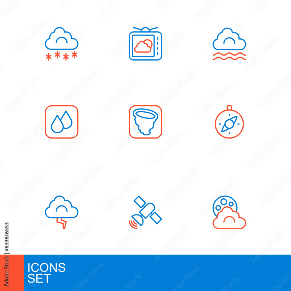 Set line Cloud with moon, Satellite, and lightning, Compass, Water drop, Tornado, Fog cloud and Weather forecast icon. Vector Set line Cloud with moon, Satellite, and lightning, Compass, Water drop, Tornado, Fog cloud and Weather forecast icon. Vector