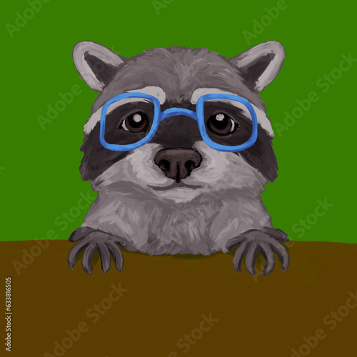 Hand drawn, cute raccoon with glasses (ID: 633816505)