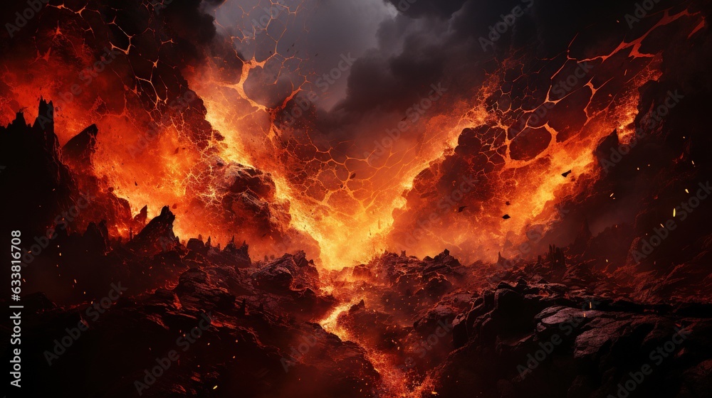 a fire is burning in the sky with rocks and lava.  generative ai
