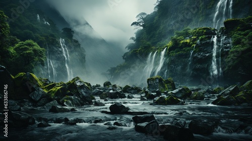  a waterfall in the middle of a forest filled with rocks.  generative ai