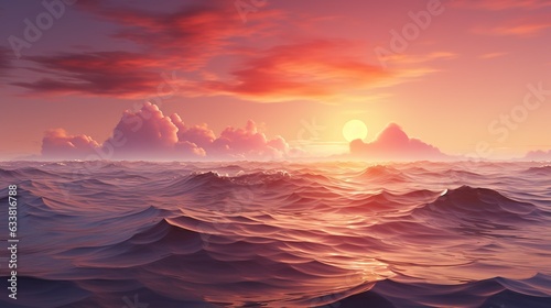  a painting of a sunset over the ocean with a boat in the water. generative ai