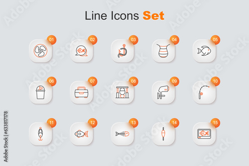 Set line Fish finder echo sounder, Fishing float, skeleton, lure, rod, Outboard boat motor and Campfire and pot icon. Vector