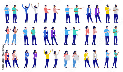 Vector office people collection - Set of diverse casual businesspeople standing, working and using devices. Flat design with white background