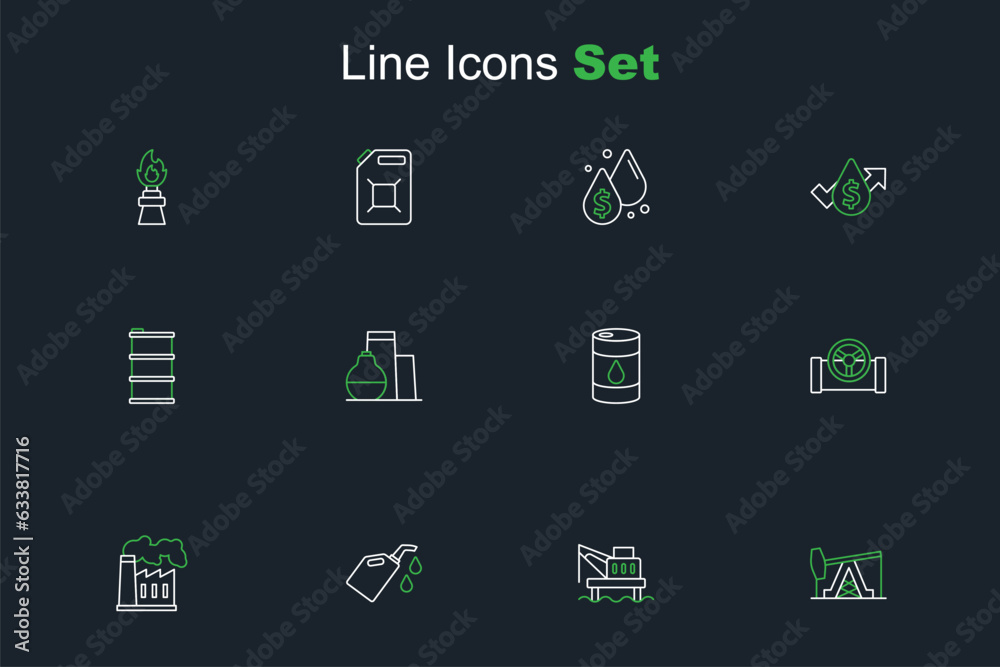 Set line Oil pump or pump jack, platform in the sea, Canister motor machine oil, and gas industrial factory, pipe with valve, Barrel, tank storage and icon. Vector Set line Oil pump or pump jack, platform in the sea, Canister motor machine oil, and gas industrial factory, pipe with valve, Barrel, tank storage and icon. Vector