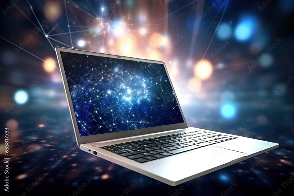 Modern laptop caught in the swirling vortex of data nanotechnology and artificial intelligence Modern laptop caught in the swirling vortex of data nanotechnology and artificial intelligence