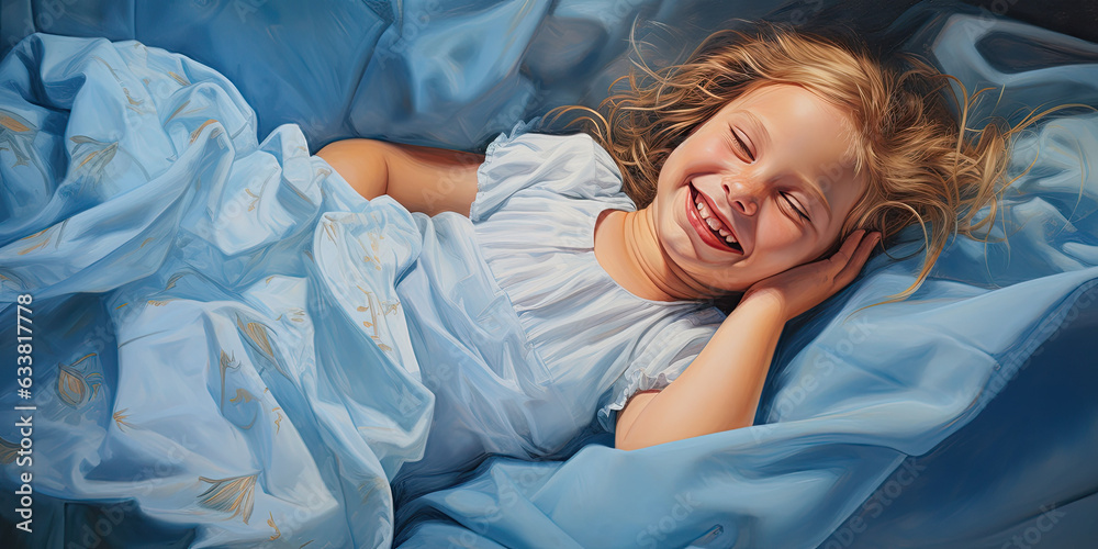 Smiling baby girl lying on a bed sleeping on blue sheets Smiling baby girl lying on a bed sleeping on blue sheets