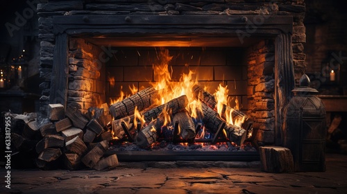  a fire burning in a fireplace with logs stacked on top of it. generative ai