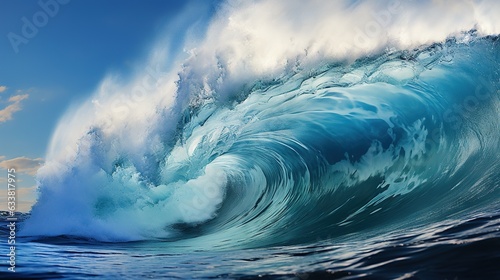  a large blue wave is breaking in the ocean on a sunny day. generative ai