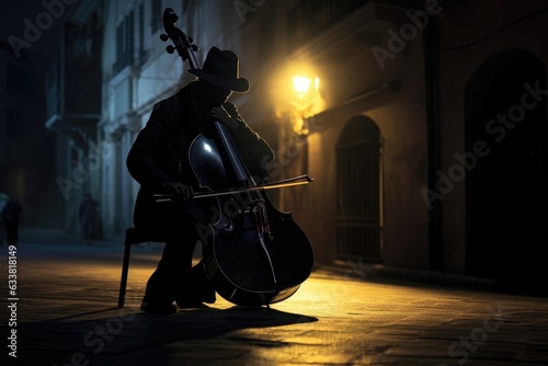 Nocturnal Melodies: Musician Serenading with Cello Under Dimly Lit Street Light, Features Obscured by Shadows, Hands and Instrument Luminous in the Night Generative AI