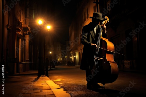 Melodic Serenade Beneath the Glow: Street Musician Playing Cello Under a Dimly Lit Street Lamp, Their Visage Concealed in Shadows, Only Hands and Instrument Bathed in Light Generative AI