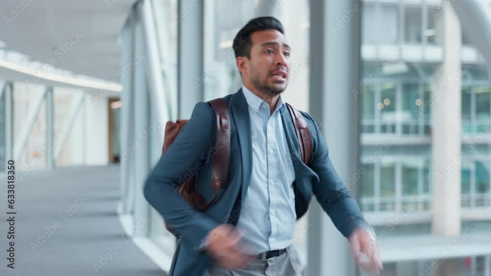 Airport, stress and business man running late for boarding, flight or travel departure. Rushing, crisis and Japanese traveler with stress or delay anxiety, problem or schedule, disaster or mistake