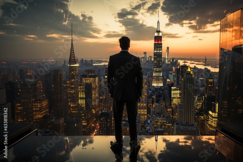 As the first light of dawn illuminates soaring skyscrapers, a lone CEO stands gazing out the window, pondering the vastness of a cinematic urban empire.