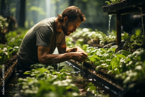 In the heart of an ethical business greenhouse, a passionate entrepreneur tends to sustainable crops. A cinematic testament to the future of eco-conscious ventures.