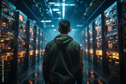 Bathing in the blue glow of server racks  a technician strides through the cinematic deep learning data center  a nexus where artificial intelligence meets vast information.