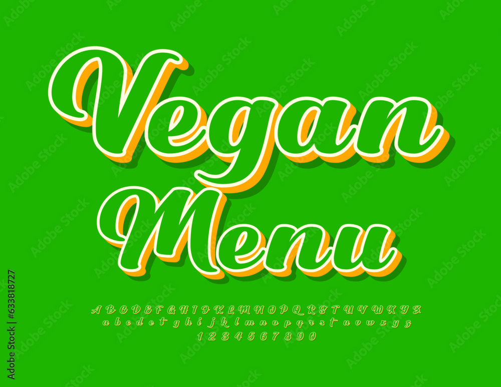 Vector eco emblem Vegan Menu. Bright handwritten 3D Font. Modern Alphabet Letters, Numbers and Symbols Vector eco emblem Vegan Menu. Bright handwritten 3D Font. Modern Alphabet Letters, Numbers and Symbols