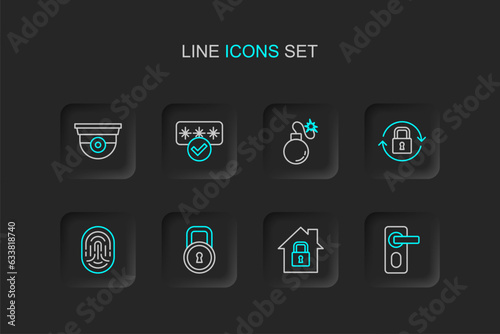 Set line Fingerprint door lock, House under protection, Lock, Bomb, Password and Security camera icon. Vector