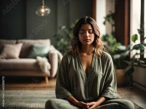 Healthy serene young woman meditating at home with eyes closed, relaxing body and mind sitting on floor in living room. Mental health and meditation for no stress. Generative Ai content.
