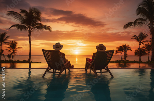two people sitting at pool and enjoying sunset, in the style of photo-realistic landscapes, tropical landscapes