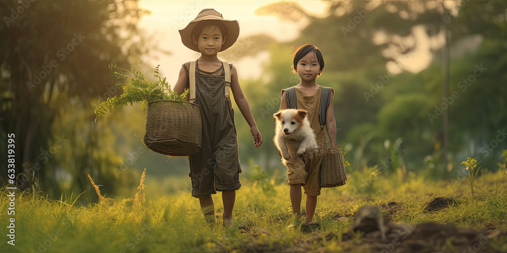 Thai farmers kids carrying seedlings