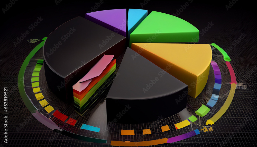 3d rendering of pie chart in black background with colorful rainbow ...