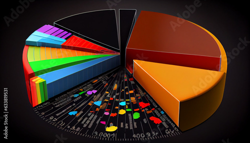 3d rendering of pie chart in black background with colorful rainbow bars, 3d rendering of pie chart in Black background with business charts and graphs, Ai generated image 