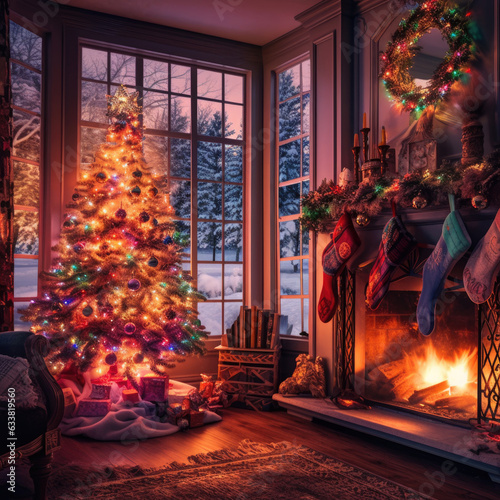 Living room interior with decorated fireplace and christmas tree.Background