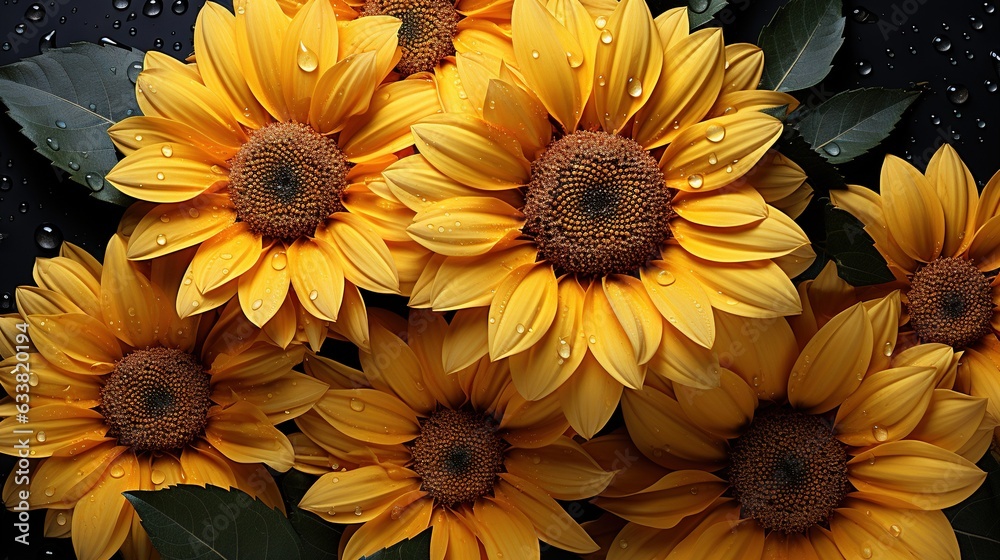 a bunch of sunflowers with water droplets on them. generative ai a bunch of sunflowers with water droplets on them. generative ai