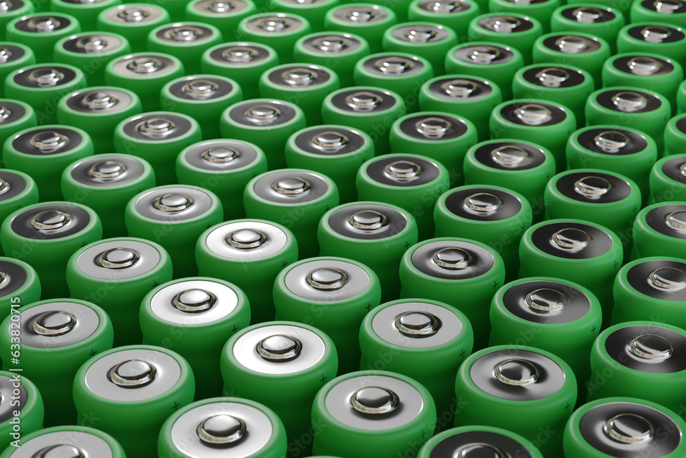 Arrangement of green lithium batteries. 3d illustration. Arrangement of green lithium batteries. 3d illustration.