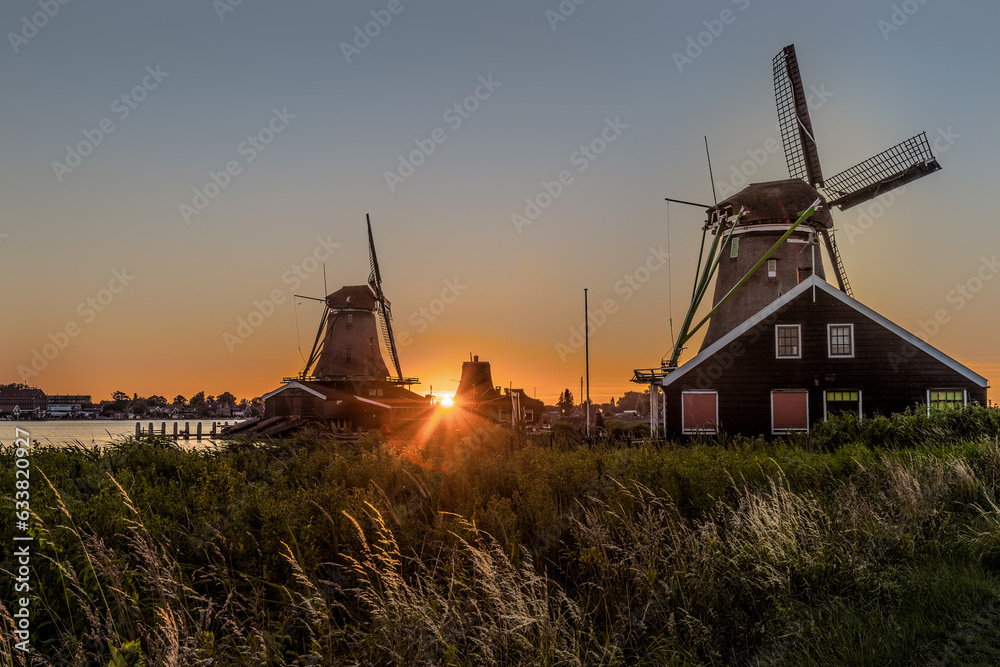 Windmills sunset in Zaanse Schaans, Netherlands