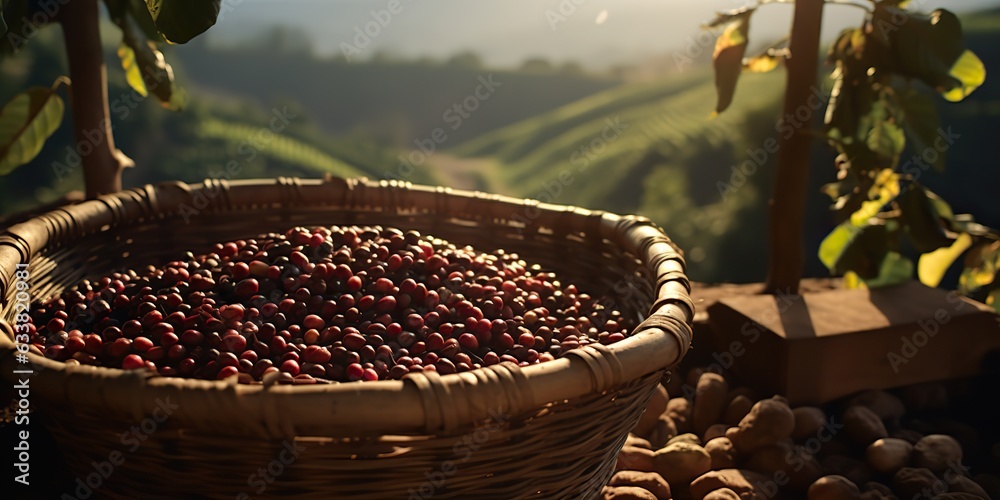 AI Generated. AI Generative. Coffee beans plantation nature outdoor landscape. Graphic Art