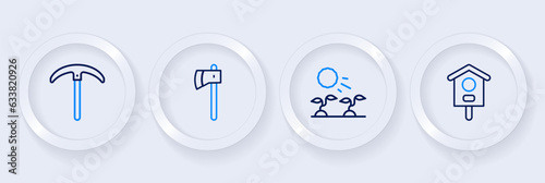 Set line Bird house, Plant sprouts grow in the sun, Wooden axe and Pickaxe icon. Vector