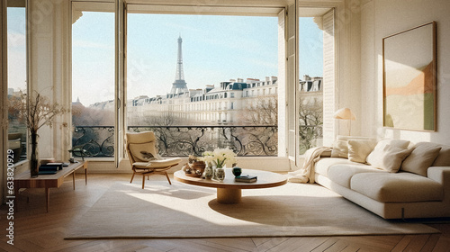 Elegance Overlooking Paris: Minimalistic Luxury Living Room with Eiffel Tower View - generative ai © Uolir