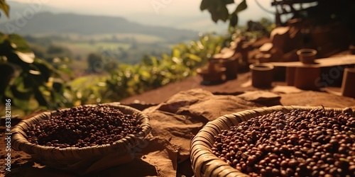 AI Generated. AI Generative. Coffee beans plantation nature outdoor landscape. Can be used for food travel promotion.