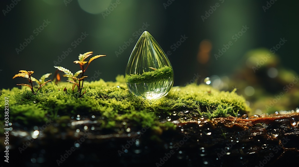a drop of water sitting on top of a moss covered ground. generative ai a drop of water sitting on top of a moss covered ground. generative ai